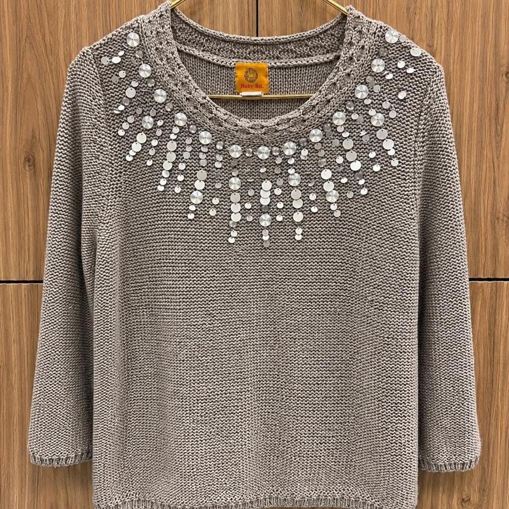 Ruby Rd. Silver Shimmer Embellished Sweater L - Picture 6 of 7